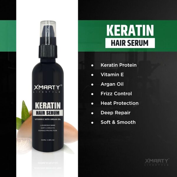 Keratin Hair Serum Vitamin E With Argan Oil Luxurious Shine Soft And Smooth Damage Protection for Frizz Control & Strength – 100ml | Xmarty Serum - Image 2